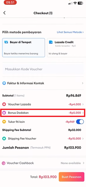Proses penggunaan Bonus Dadakan Lazada saat checkout