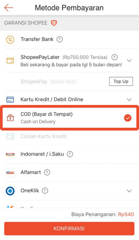 Metode pembayaran shopee cod