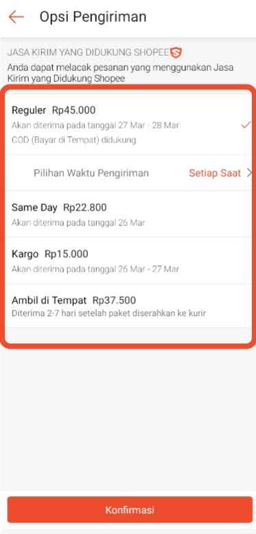 Pilih jasa pengiriman di shopee