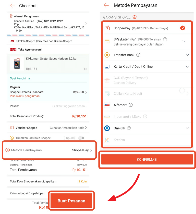 Pilih metode pembayaran di shopee