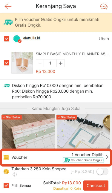 Voucher gratis ongkir shopee sudah terpasang