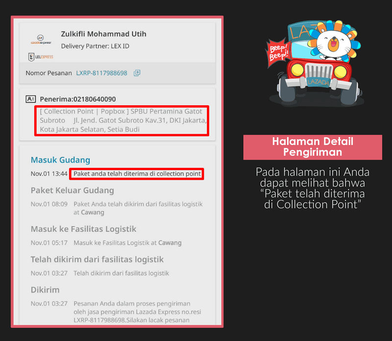 Cara lacak pesanan lazada - detail pengiriman