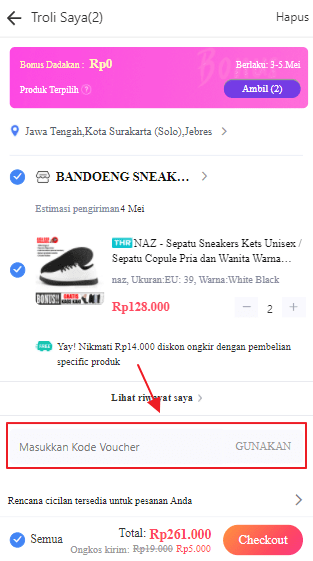 Laman checkout di aplikasi lazada