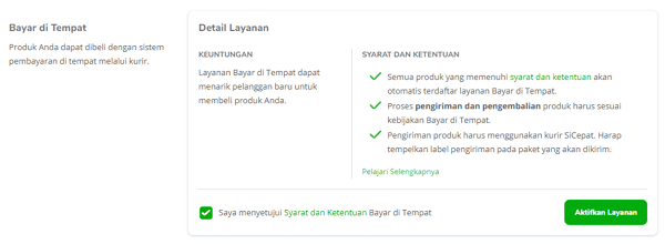 Pengaturan toko bayar di tempat tokopedia