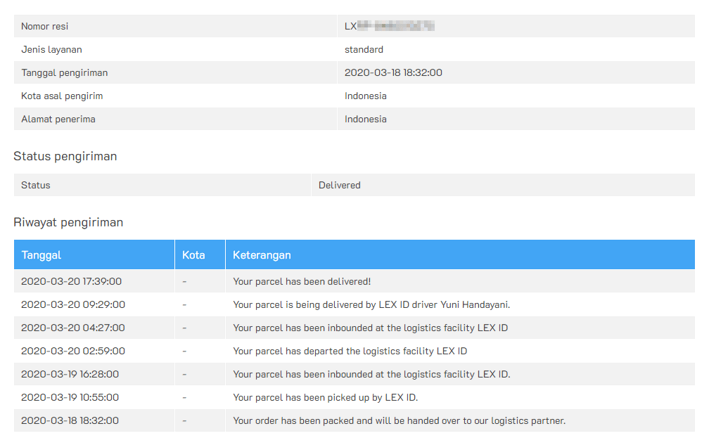 Status pengiriman lex id