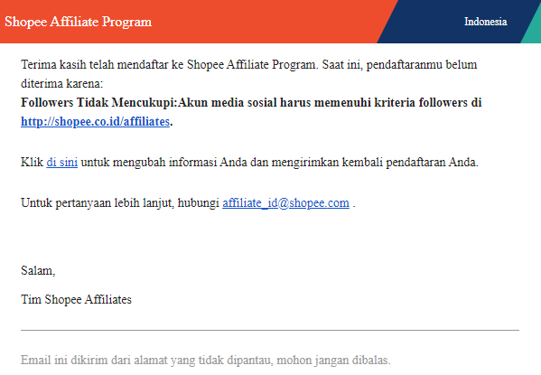 Pendaftaran shopee affiliate ditolak