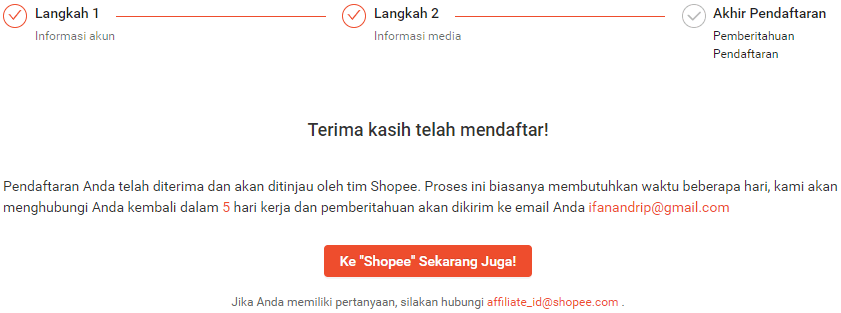 Pendaftaran shopee affiliate selesai