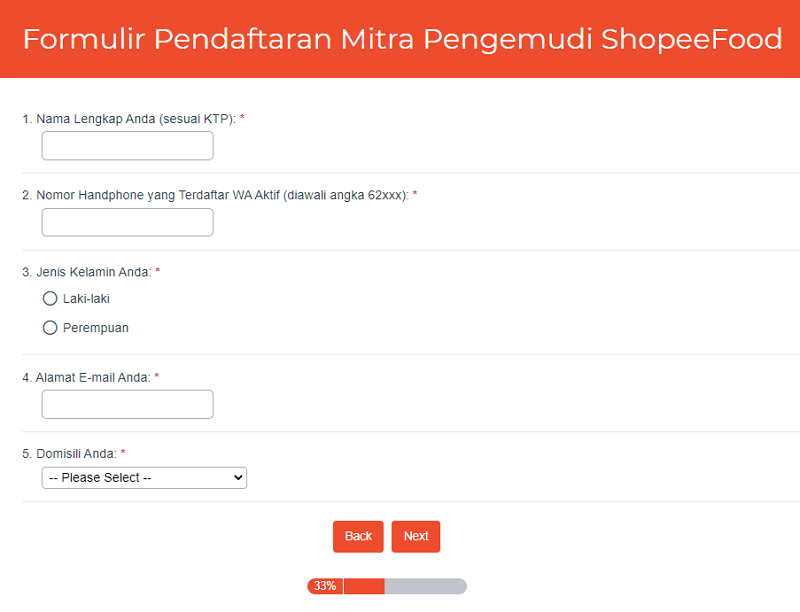 Formulir pendaftaran driver shopee food