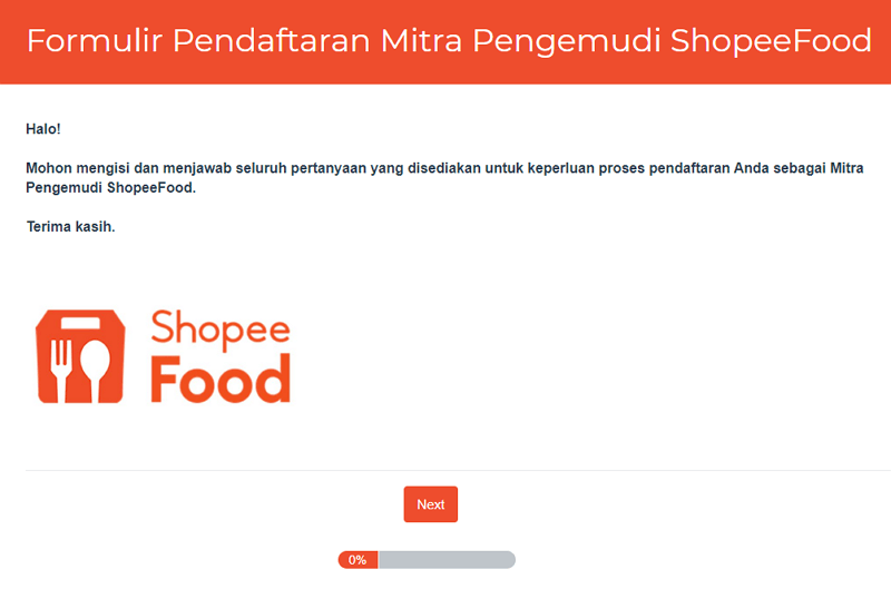 Formulir pendaftaran mitra pengemudi shopee food