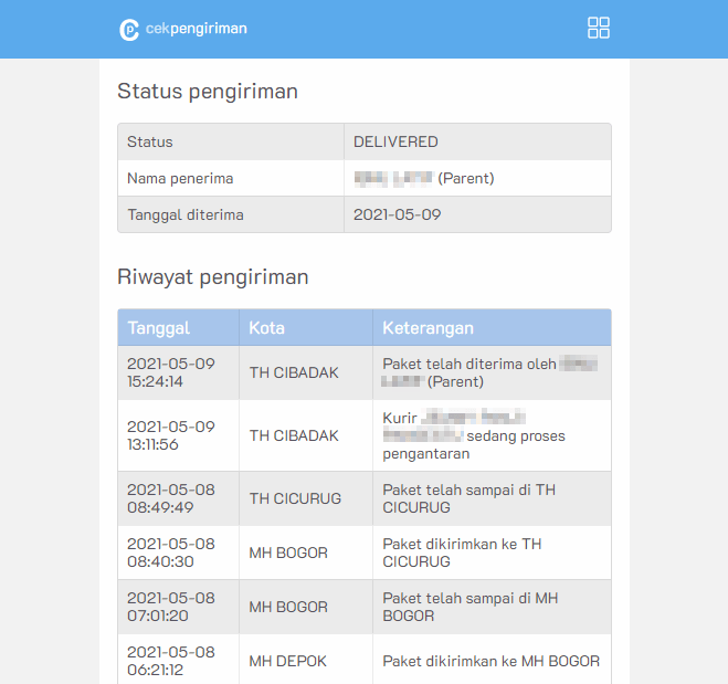 Hasil lacak barang cekpengirimancom