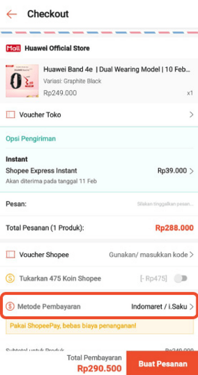 Checkout barang indomaret shopee