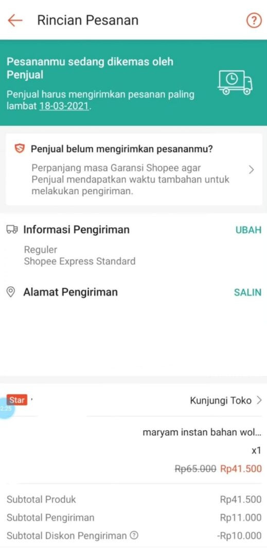 Rincian pesanan shopee