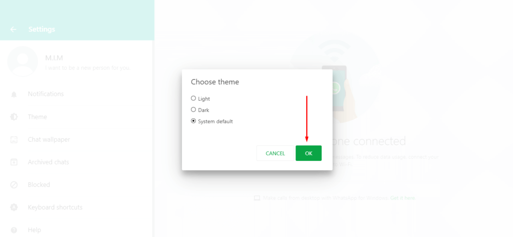 Cara mengganti tema whtasapp tanpa aplikasi - pilih ok