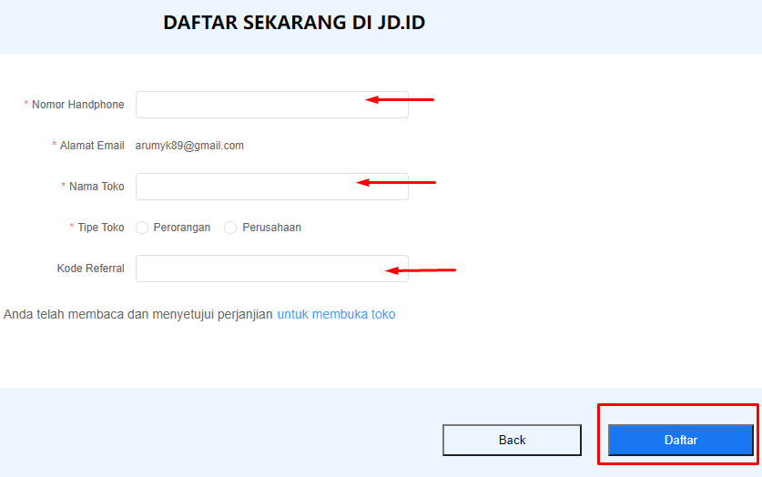 Form pendaftaran penjual