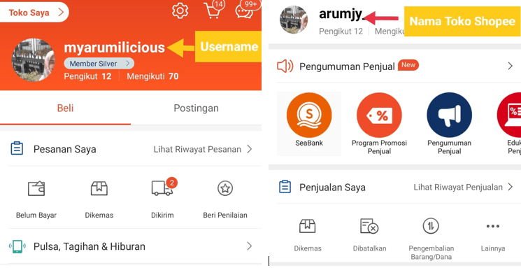 Perbedaan username dan nama toko shopee