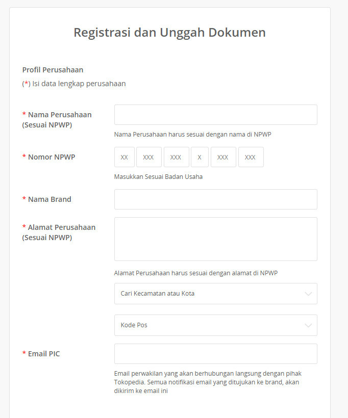 Registrasi dan unggah dokumen official store