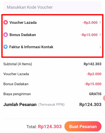 Rincian voucher bonus dadakan di lazada