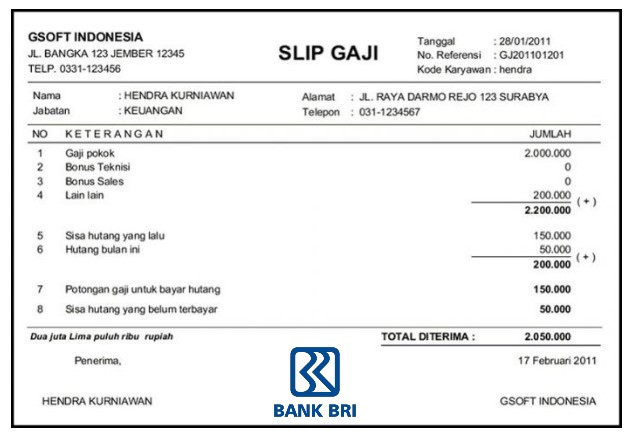 Contoh slip gaji karyawan bank bri