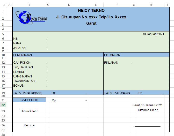 Slip gaji karyawan di excel