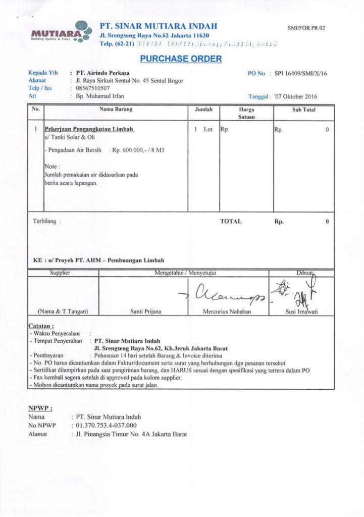 Contoh rekapan purchase order