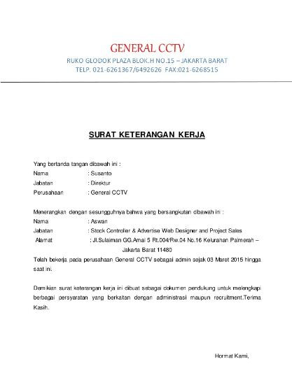 Surat keterangan kerja contoh word