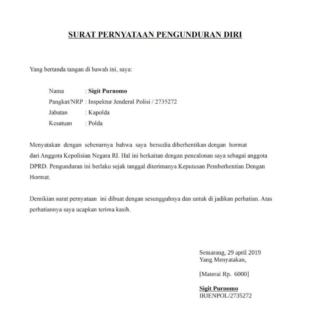 Surat pengunduran diri anggota bpd