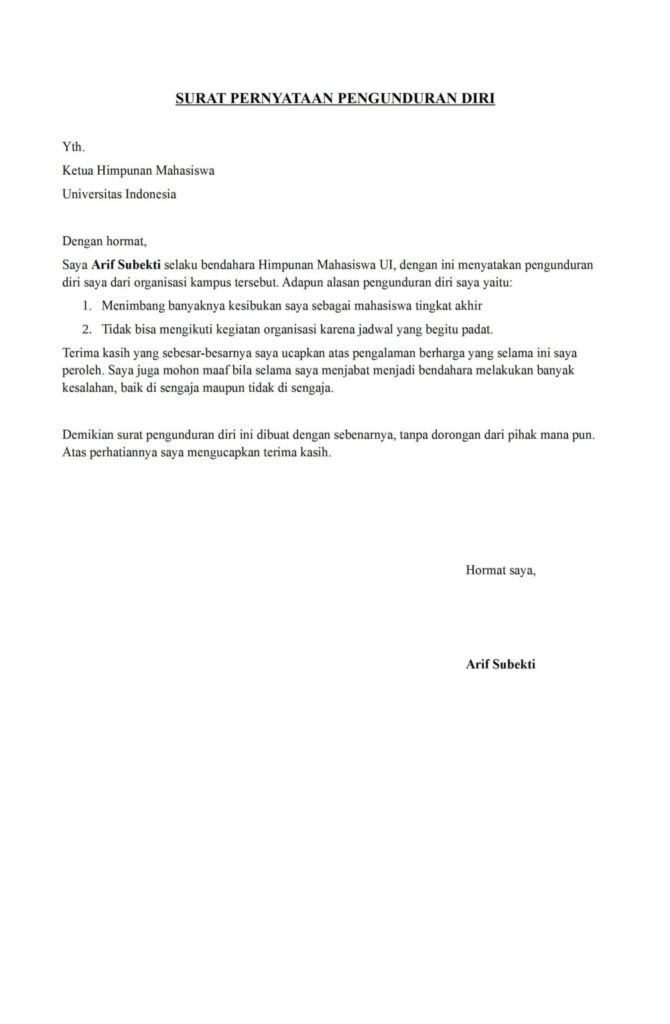 Surat pengunduran diri kerja pabrik