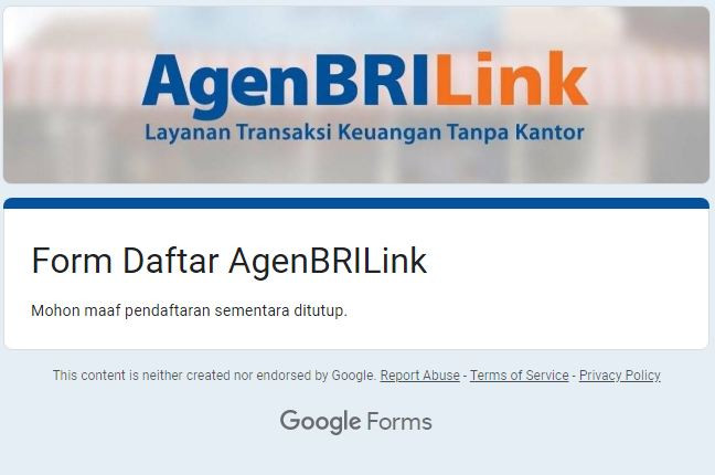 Formulir pendaftaran agen brilink ditutup