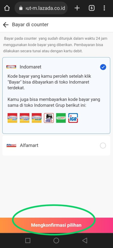 Mengkonfimasi pilihan top up lazada