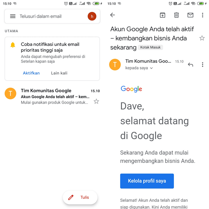 Berhasil membuat akun gmail langsung jadi