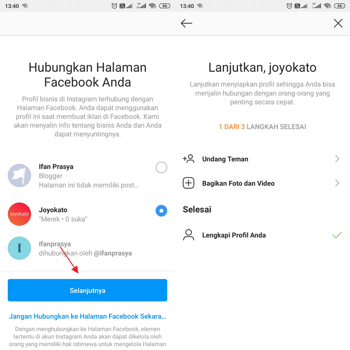Hubungkan halaman fb ke instagram