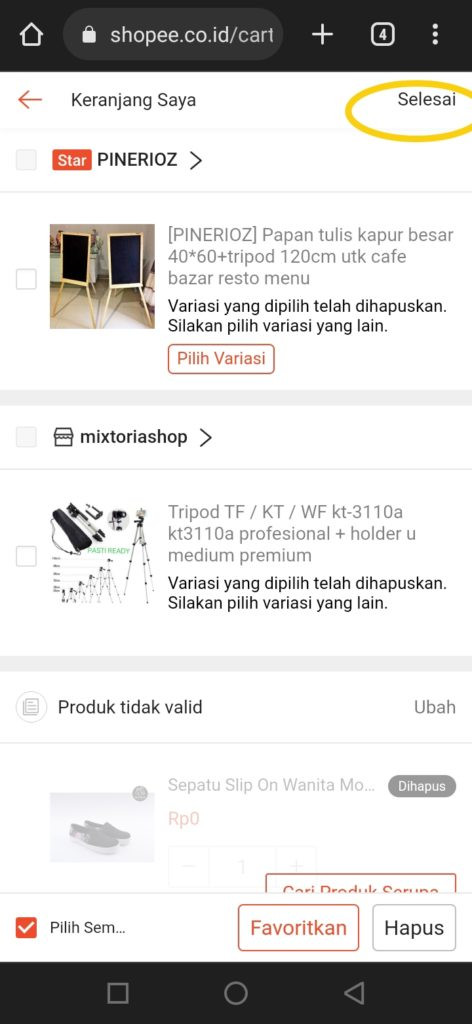 Produk berhasil dihapus di keranjang shopee