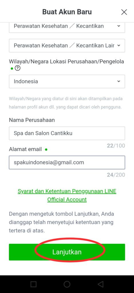 Kolom pendaftaran line bisnis