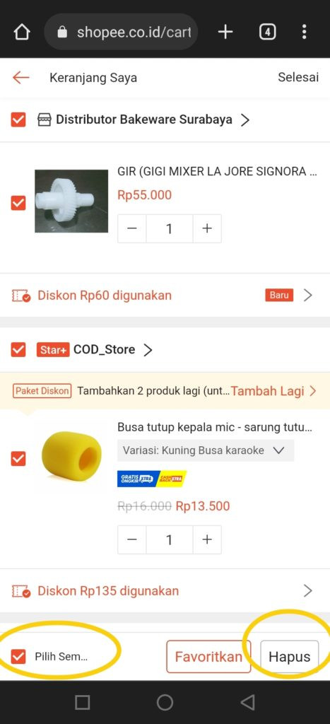 Menghapus daftar produk shopee