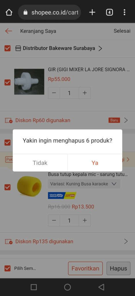 Delete produk di keranjang shopee