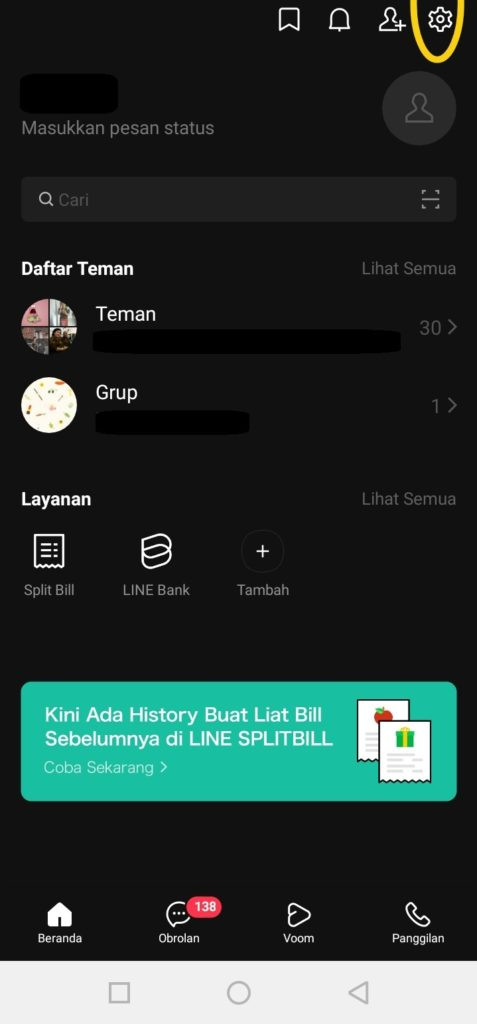 Hapus line di menu pengaturan