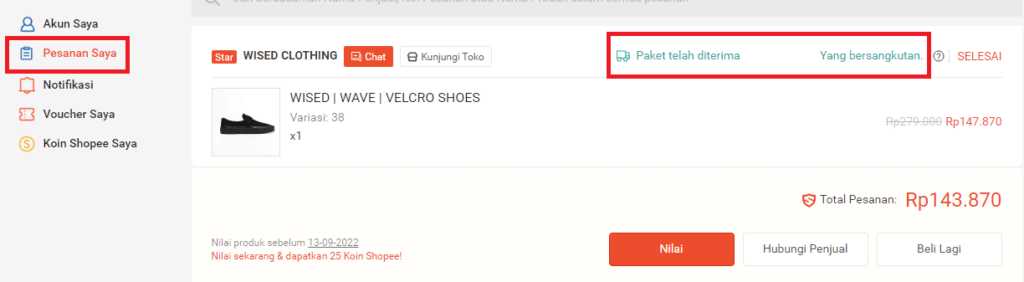 Menu pesanan saya shopee