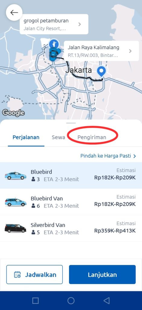 Pengiriman barang di aplikasi bluebird kirim