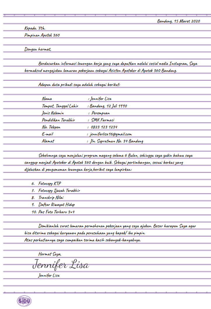 Contoh surat lamaran kerja - tulis tangan - apotek