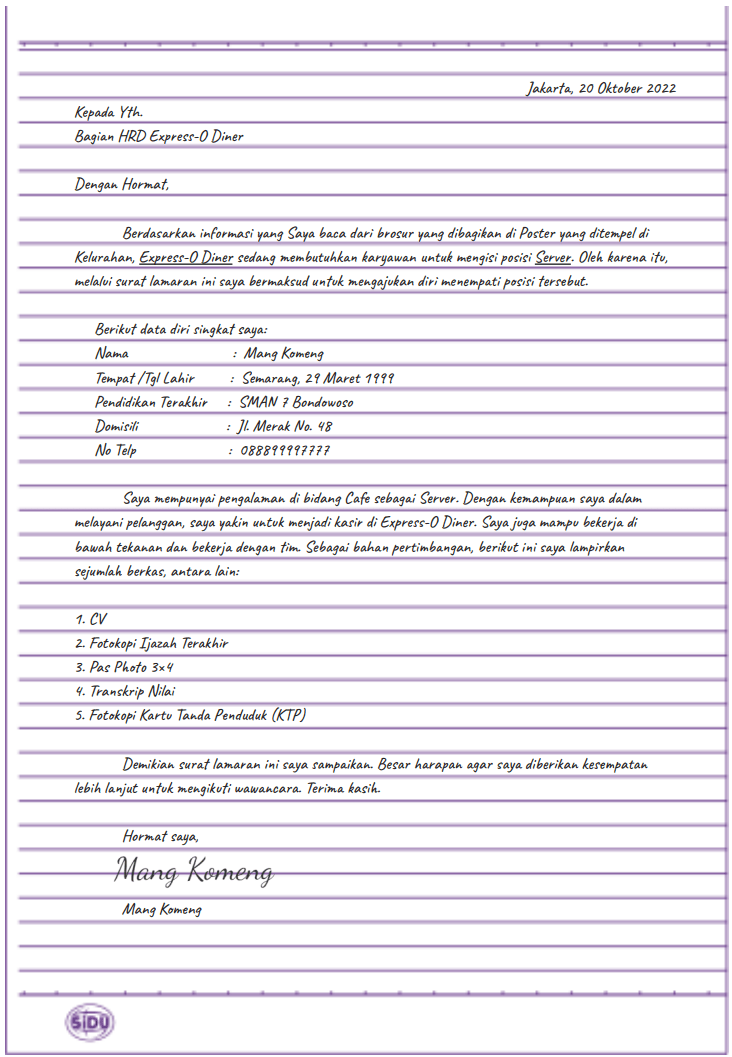 Surat lamaran kerja server kafe
