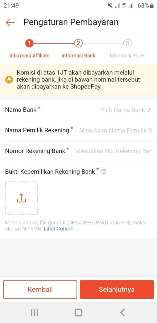 Panduan memasukkan nomor rekening di shopee affiliate