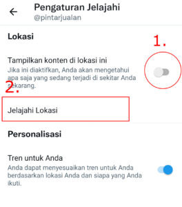 twitter trend - jelajahi - pengaturan - jelajahi lokasi