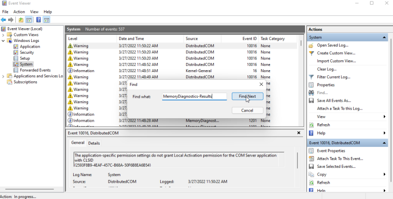 software cek kondisi RAM - windows diagnostic tool - event viewer