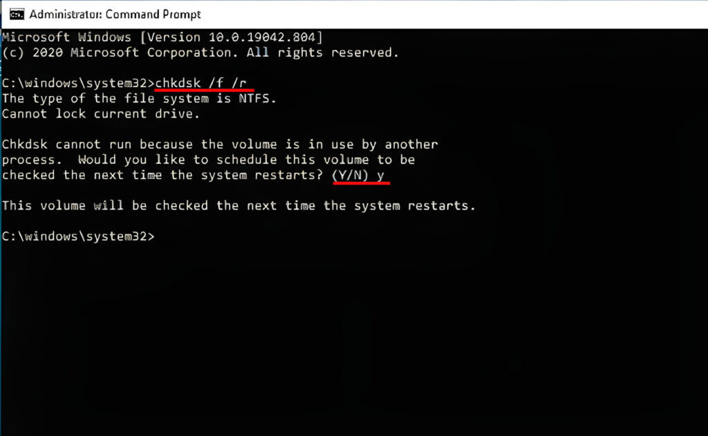 cara cek kesehatan hard disk dan ssd - cmd - chkdsk f r y - upscaled