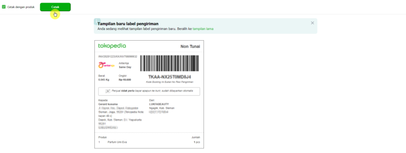 Cara cetak alamat pengiriman di tokopedia