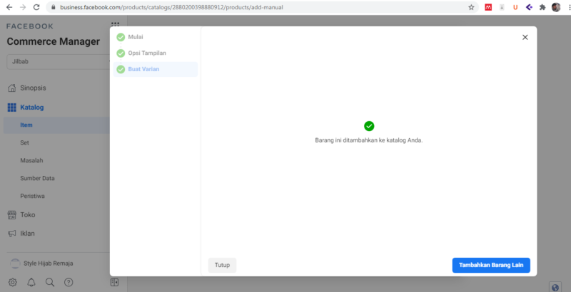Berhasil menambahkan barang di katalog facebook