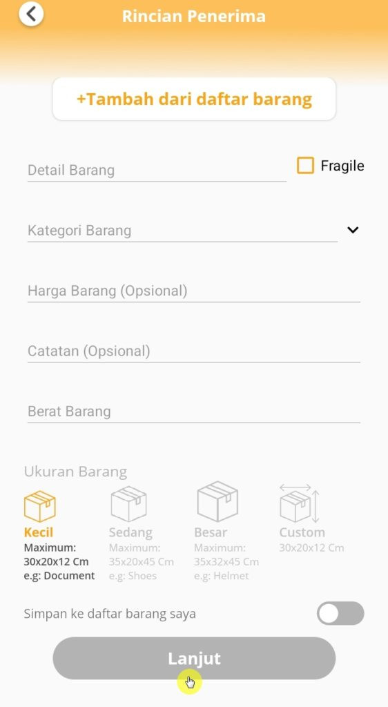 Pengisian detail paket anteraja