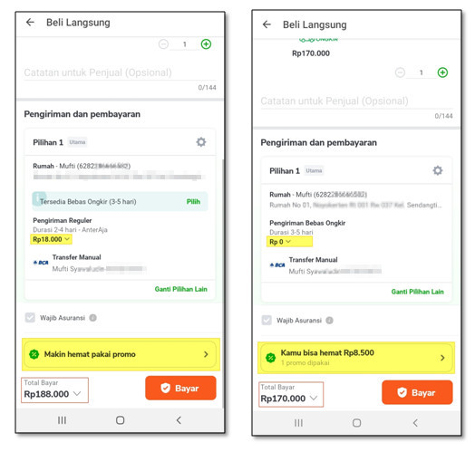Perbedaan menggunakan dan tidak menggunakan gratis ongkir tokopedia