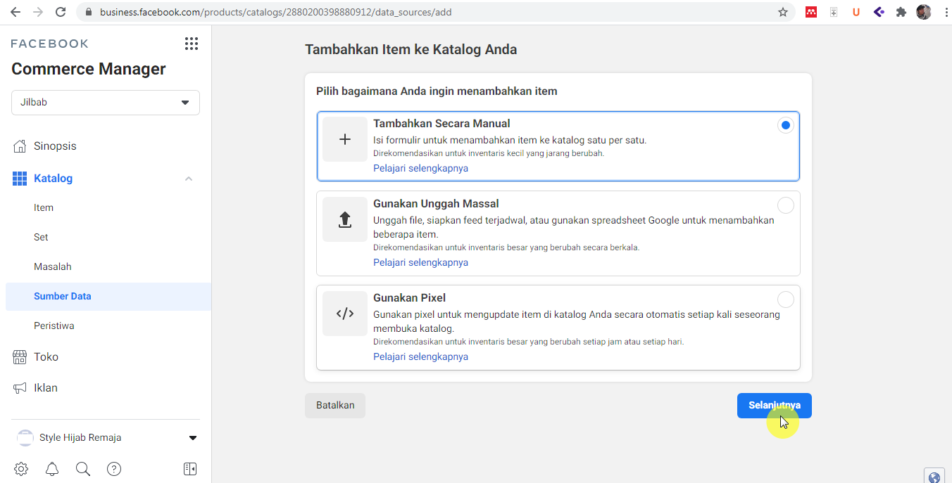 Tambahkan item katalog di facebook secara manual