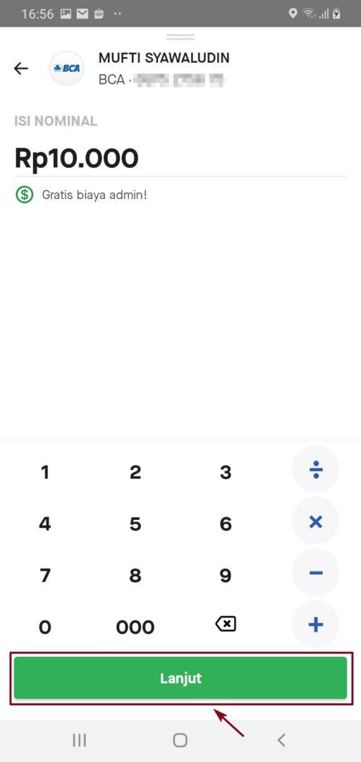 Masukan nominal transfer saldo gopay